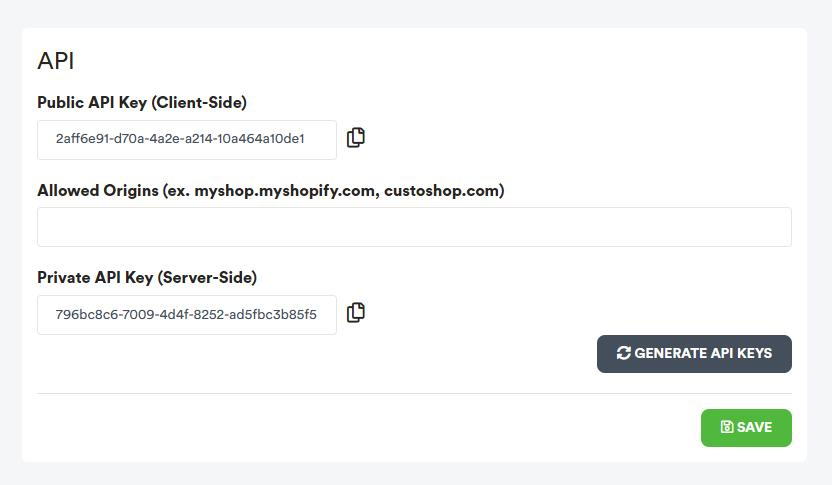 API configuration in dashboard