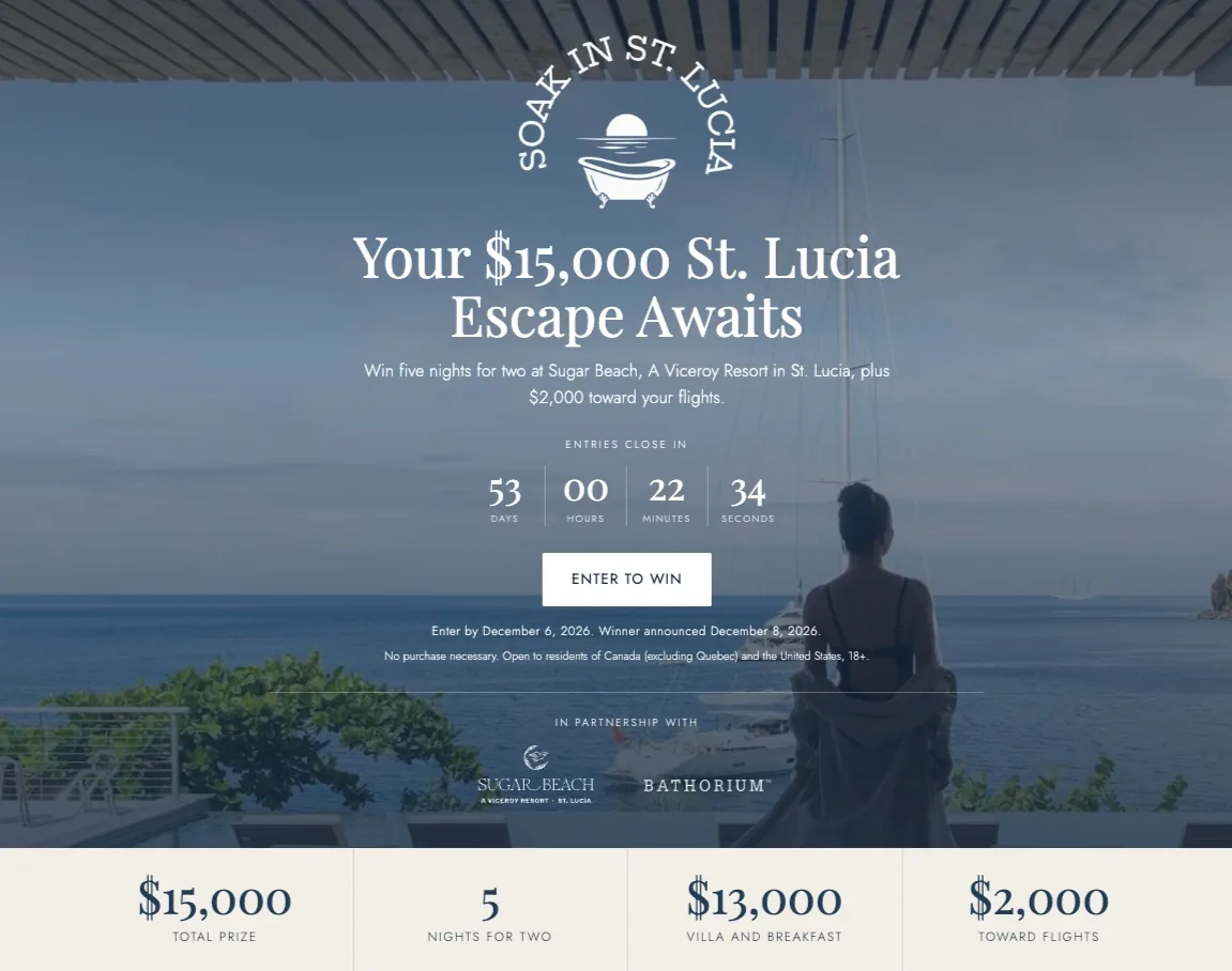 Bathorium Soak in St. Lucia sweepstakes page: a $15,000 escape at Sugar Beach, A Viceroy Resort, with a countdown and an Enter to Win button