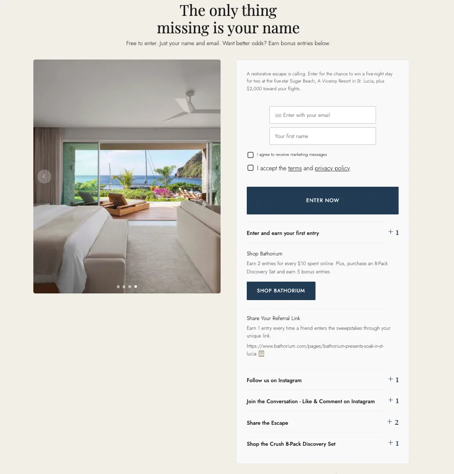 Bathorium giveaway entry form with free email entry plus bonus entries for shopping, referrals, Instagram and the Crush 8-Pack Discovery Set