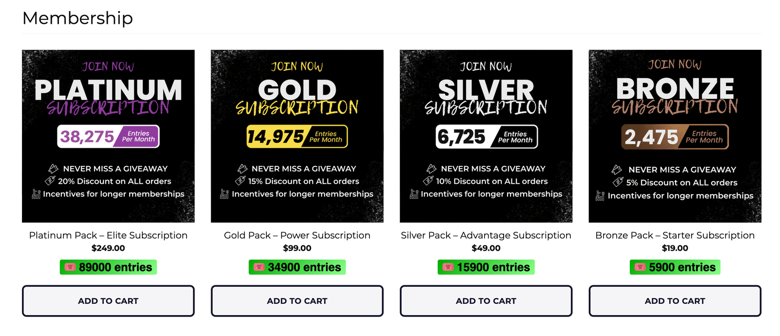 Cerberus Collective membership subscriptions with monthly entries and order discounts