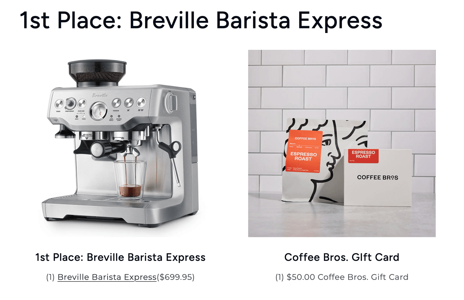 Coffee Bros. giveaway prize: Breville Barista Express espresso machine plus a $50 Coffee Bros. gift card
