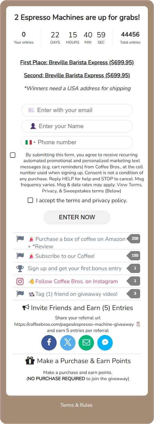Coffee Bros. giveaway widget with free email entry, countdown, boost actions and referral sharing