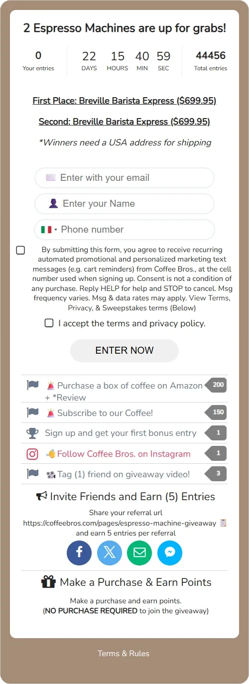 Coffee Bros. giveaway widget with free email entry, countdown, boost actions and referral sharing