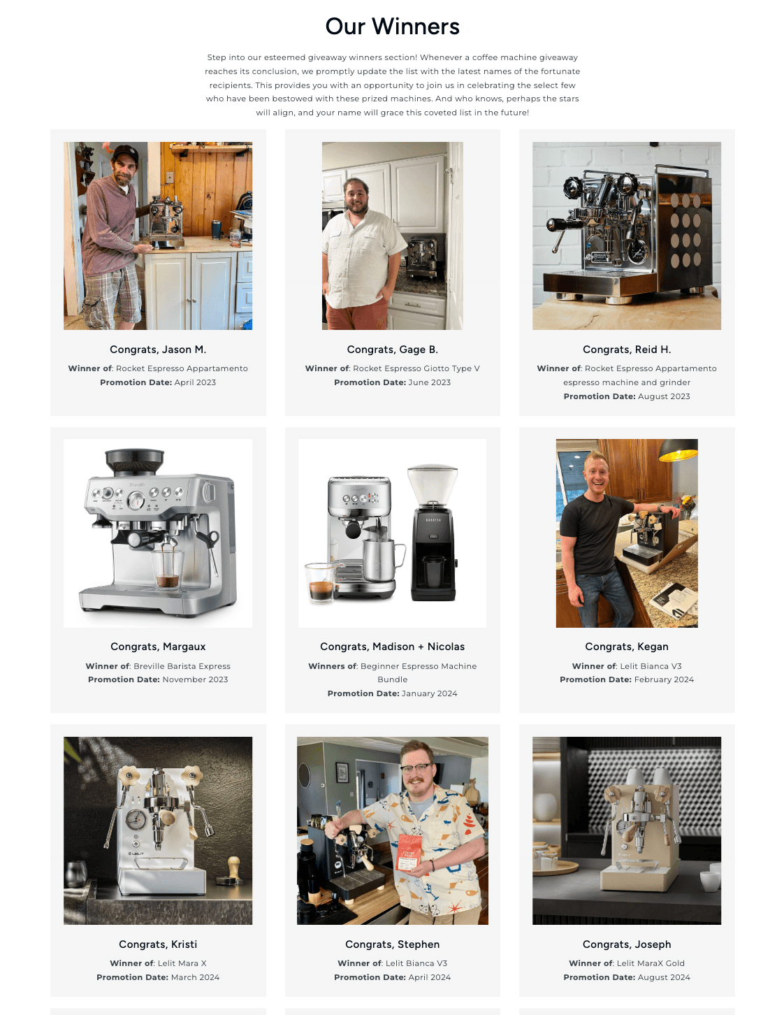 Coffee Bros. public winners wall listing past espresso machine giveaway winners since 2023