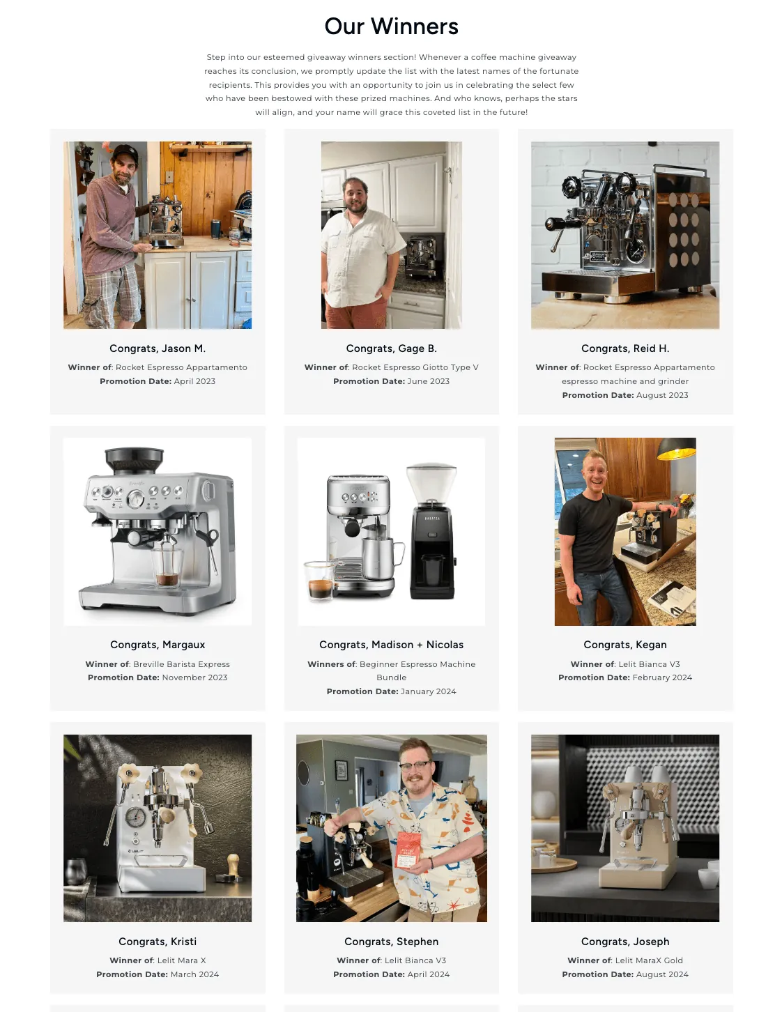 Coffee Bros. public winners wall listing past espresso machine giveaway winners since 2023