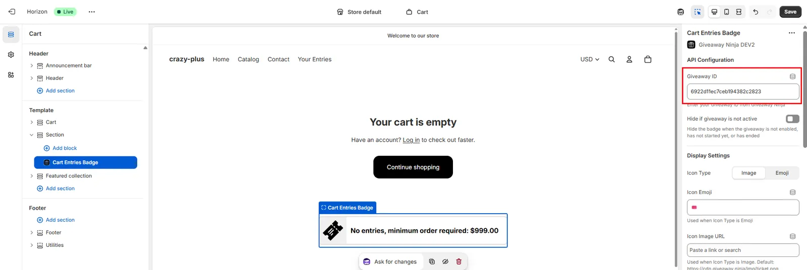The entry counter displaying earned entries on the cart page