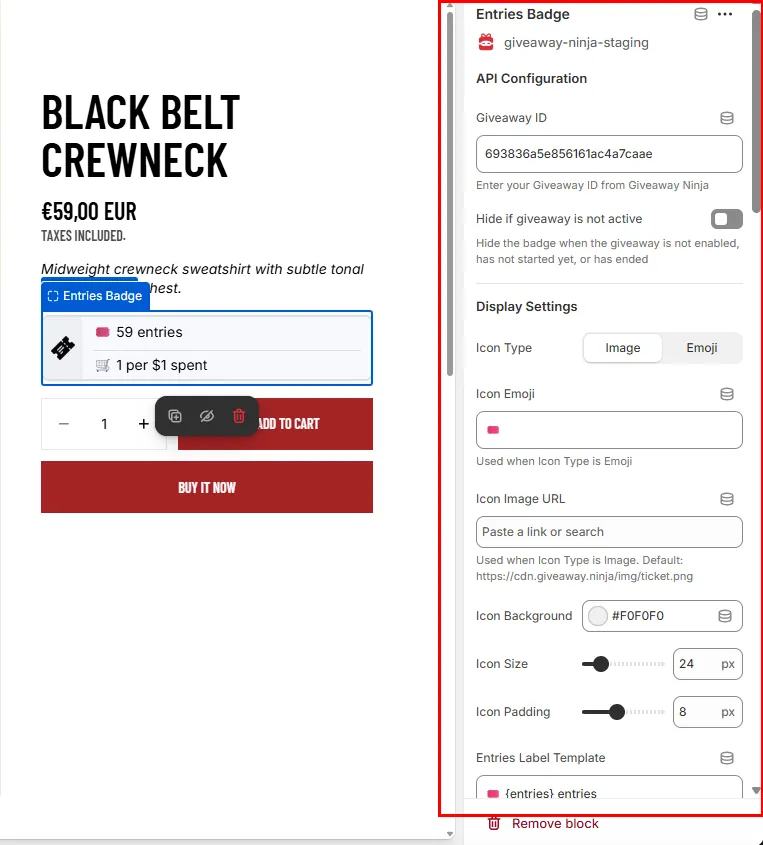 Configuring the giveaway ID in the Entries Badge block settings