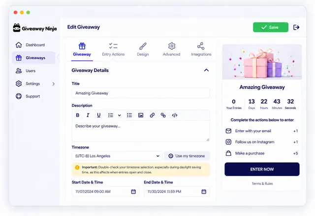 Giveaway Ninja dashboard: edit the giveaway details on the left and preview the live widget on the right