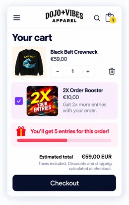 Cart with a 2X order booster upsell and the entries the order will earn