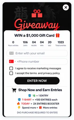Giveaway Ninja widget on a store: win a $1,000 gift card, enter with your email and earn entries by shopping