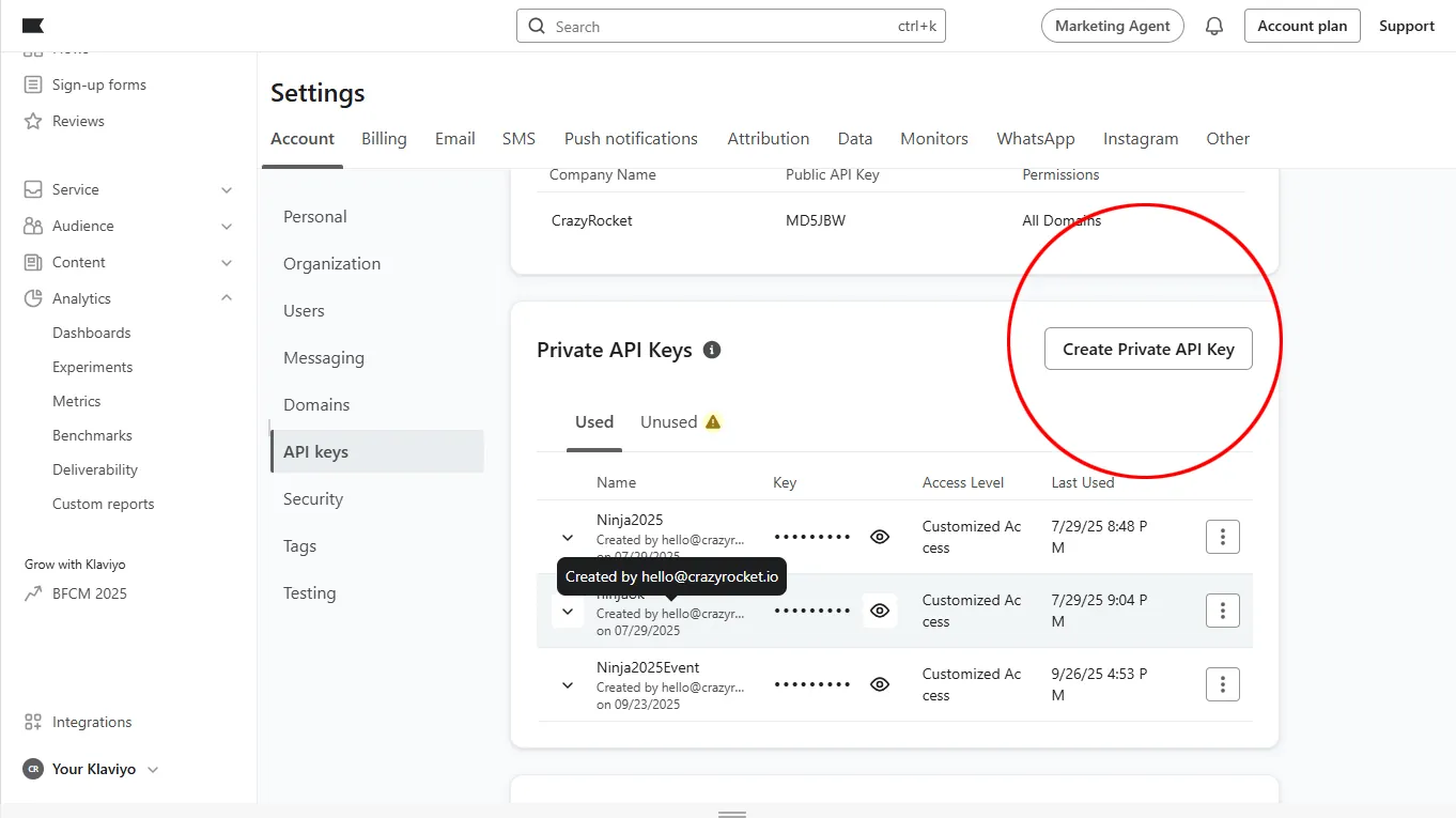 Copying the private API key from the Klaviyo account settings