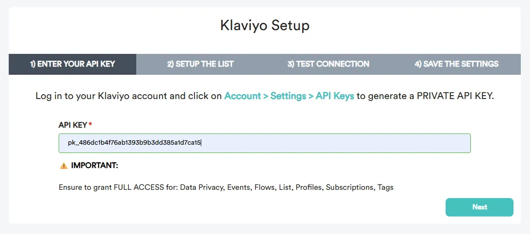 Pasting the Klaviyo API key into the Giveaway Ninja integration settings
