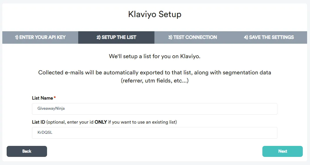 Selecting the Klaviyo list that will receive giveaway entrants