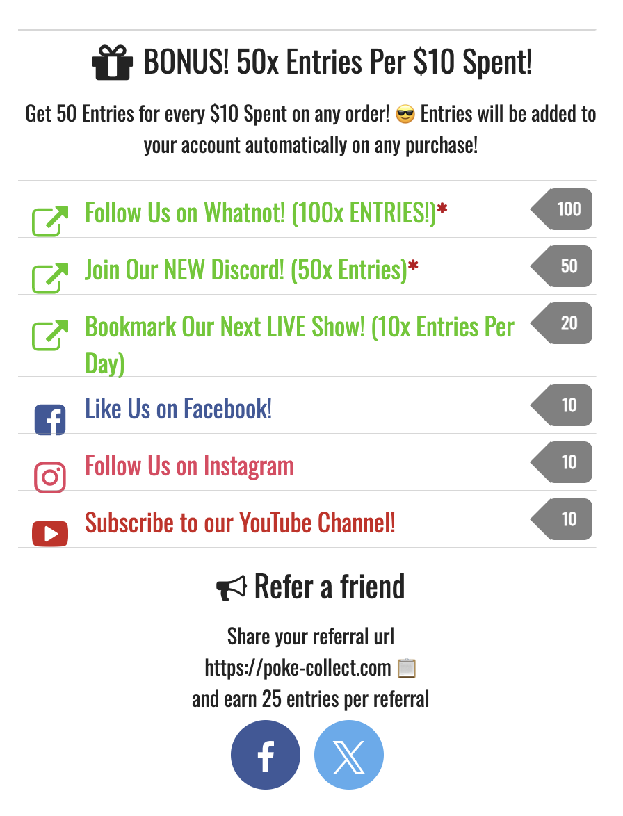 Poke-Collect giveaway entry actions and referral options