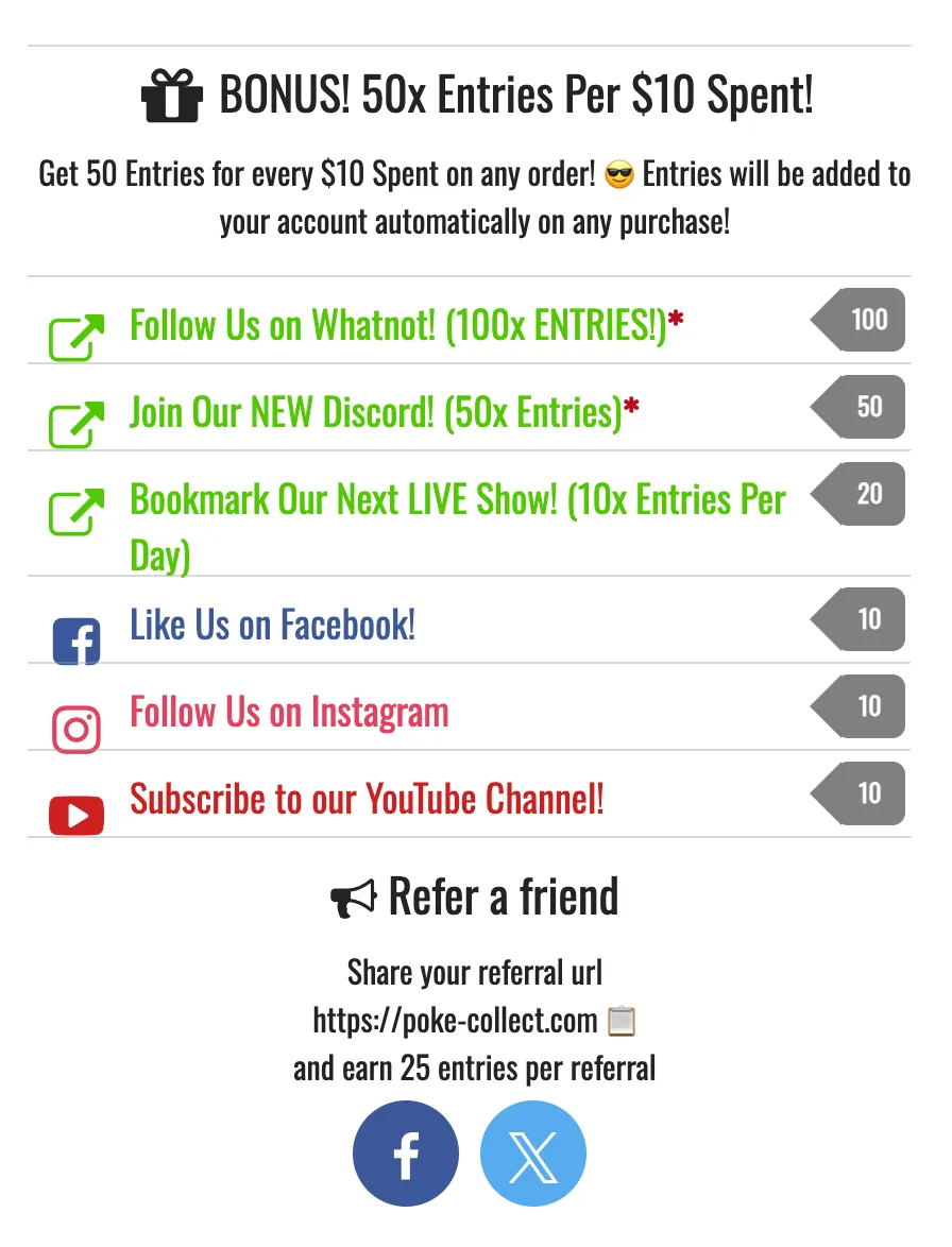 Poke-Collect giveaway entry actions and referral options