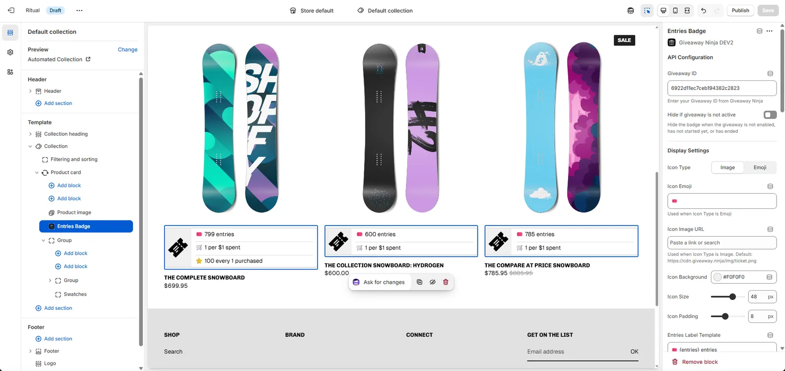 Entries badge shown on product cards in a Shopify collection grid