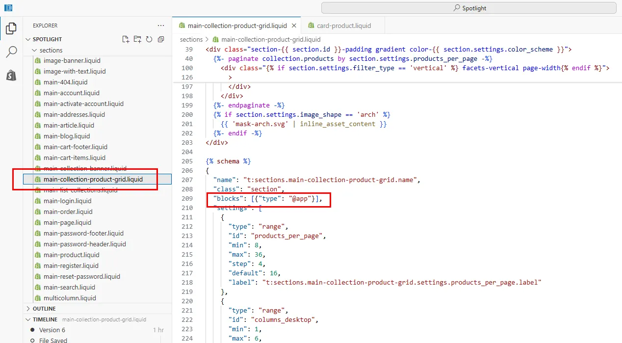 Editing the product card block schema in the theme code