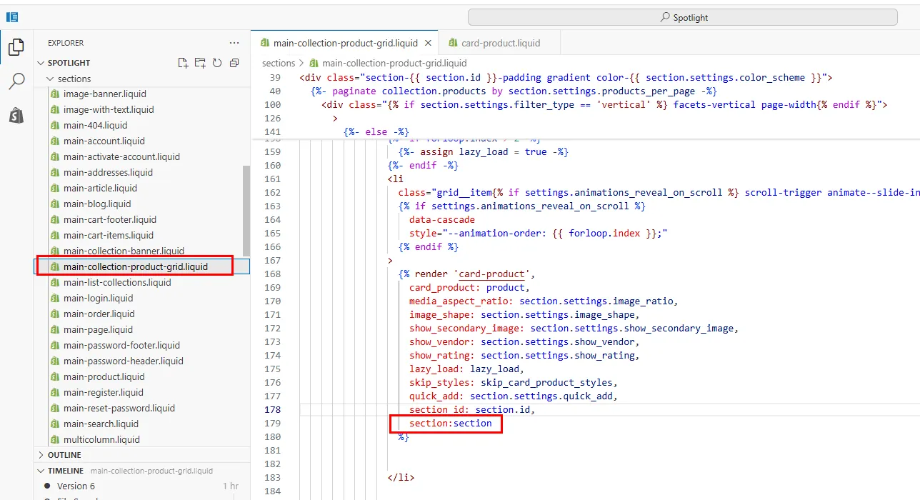 Locating the product card snippet in the Shopify theme files