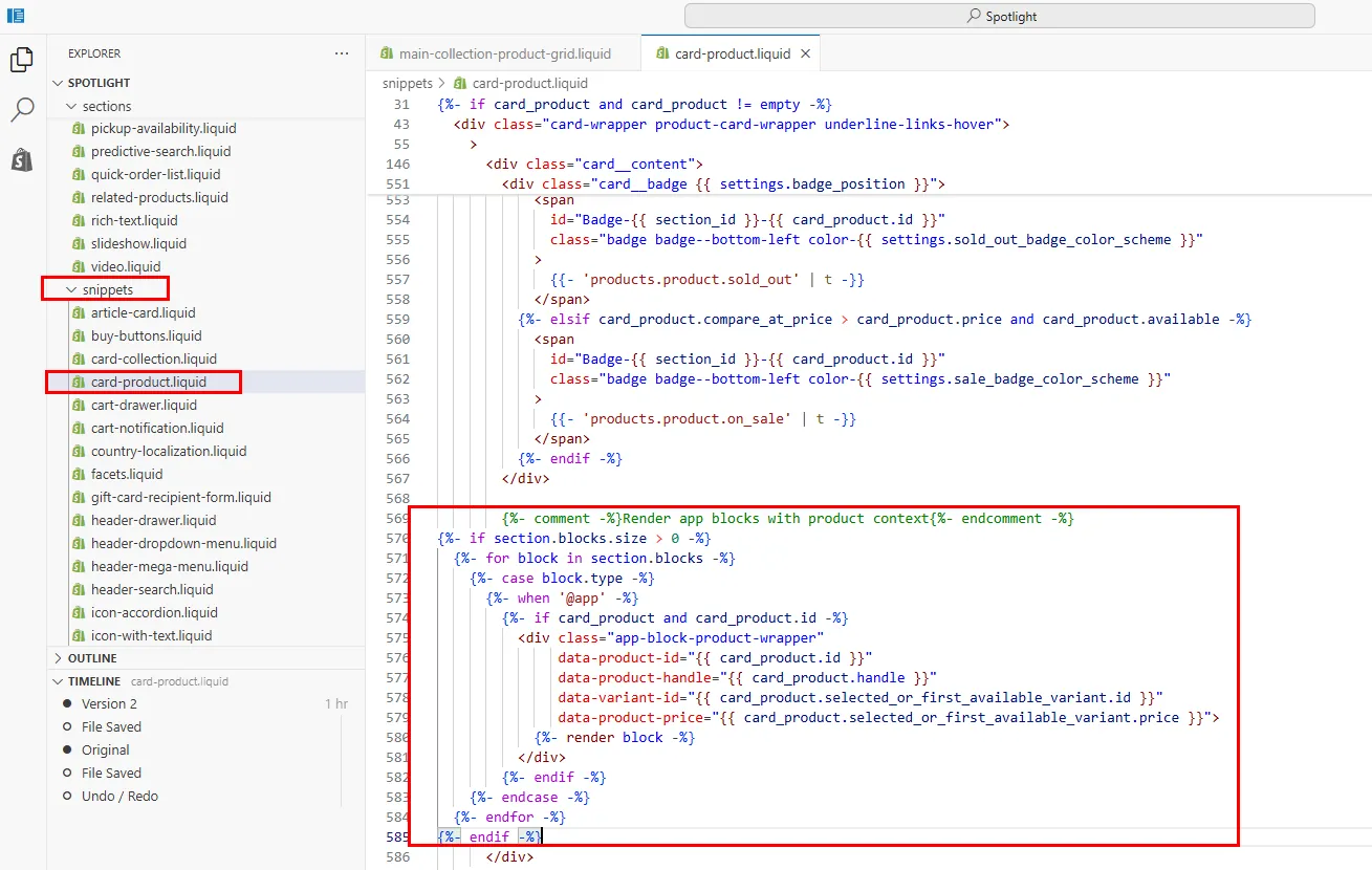 Adding the app block rendering code to the product card snippet