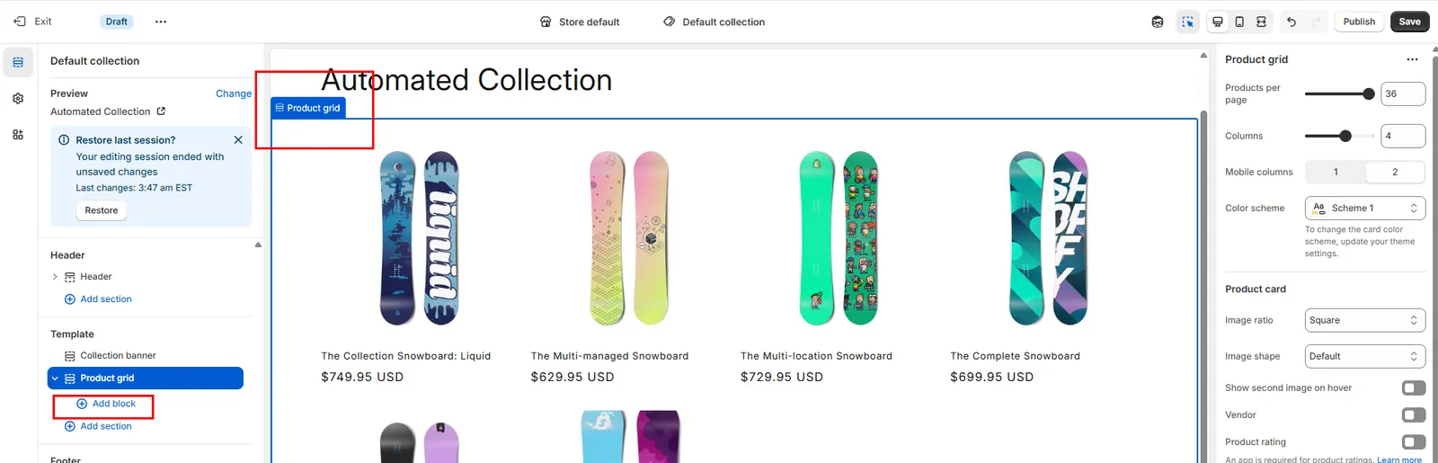 The Entries Badge app block available in the Shopify theme editor