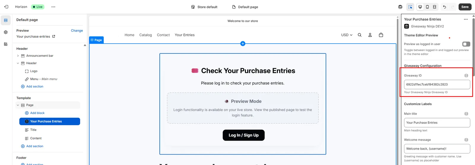 Adding the purchase entries app block to the new page
