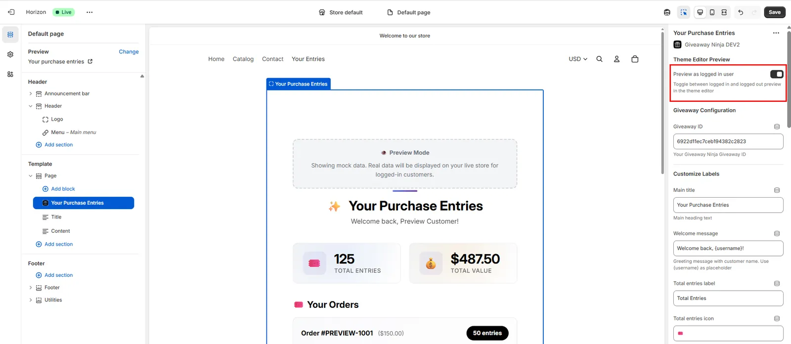 A customer viewing the giveaway entries they earned from purchases