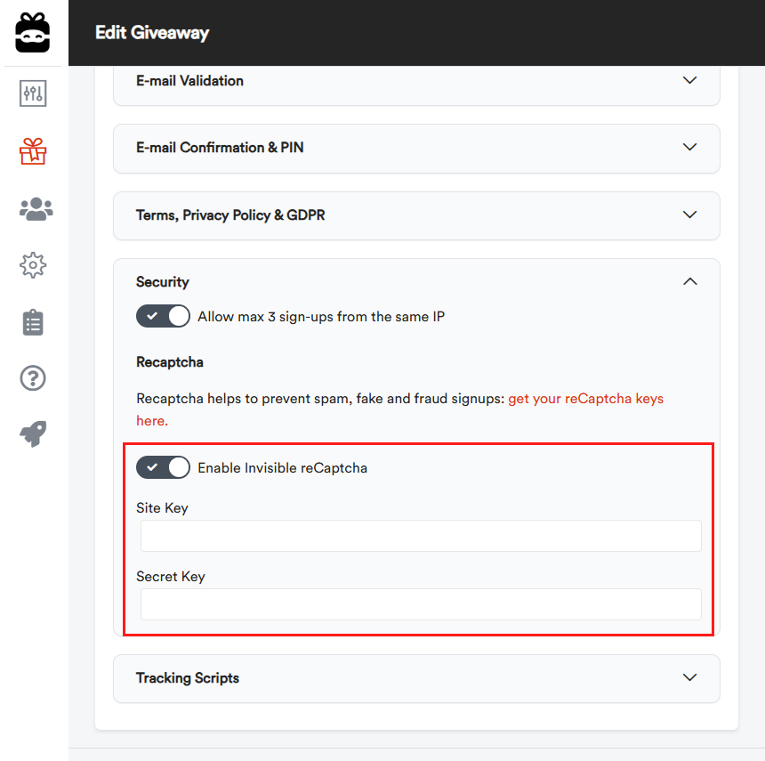 reCAPTCHA configuration in Giveaway Ninja dashboard