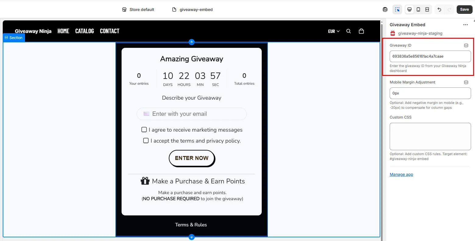 Configuring the Giveaway Embed app block with the giveaway ID