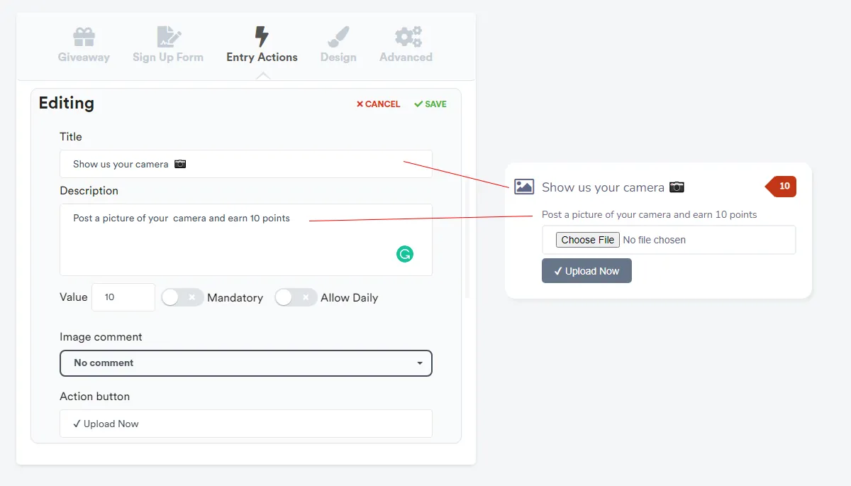 Adding the Submit Image entry action to a giveaway